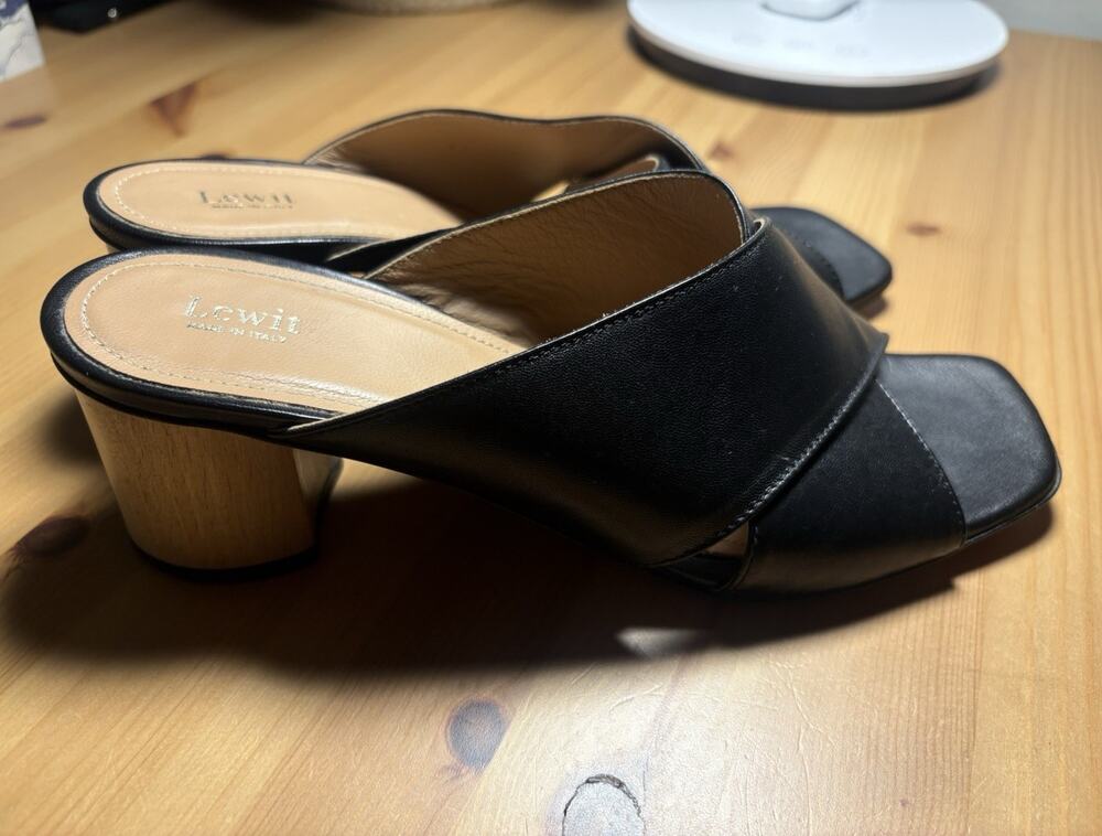 Lewit Women’s Black Leather Slip-On Slide Mule Sandals Block Heel EU 38 US 8